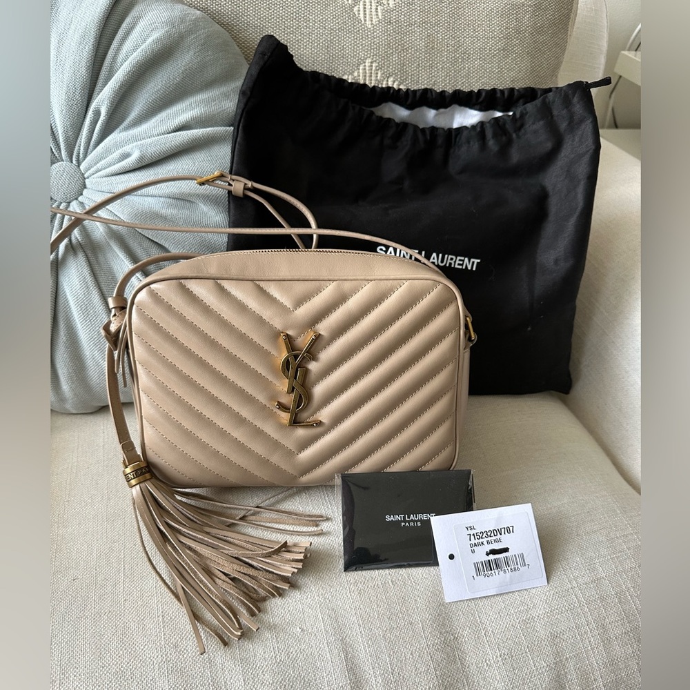 Saint Laurent Taupe Quilted Leather Camera Bag with Gold YSL Hardware